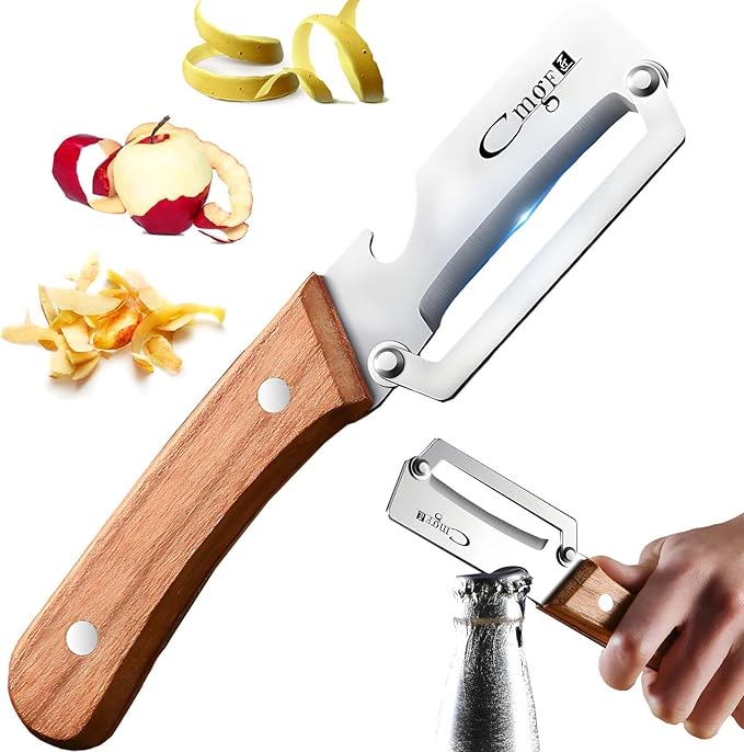 Stainless Steel Vegetable Peelers for Kitchen with Bottle Opener, Non-Slip Wooden Handle - for Paring Fruits and Veggies like Potato, Apple, Carrot, Mango, Lemon, and Sugarcane