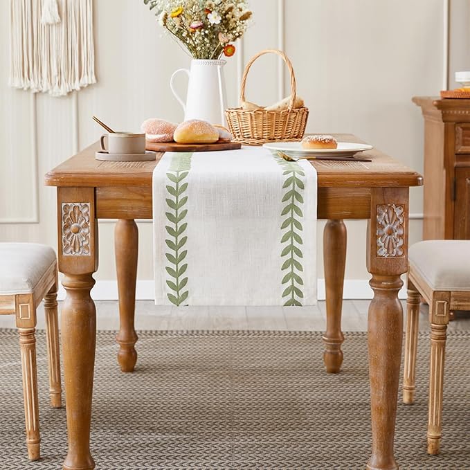 Wracra Embroidered Table Runner Irregular Willow Leaf Table Runners 90 Inches Long for Dresser Home Dining Table Decor,14 x 90 Inch, Light Sage Green