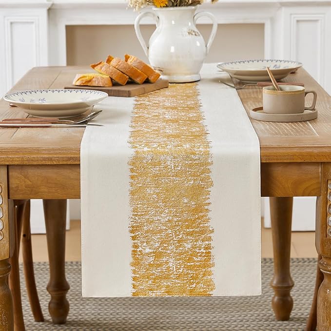 Metallic Style Table Runner, Cotton and Linen Gold Table Runners 48 inches Long,Pre-Pressed Metal Striping Process, Birthday Wedding Decorations for Home Living Room Decor(Gold, 13"x48")