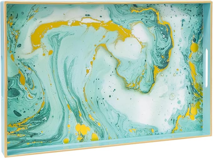 MAONAME Turquoise Serving Tray with Handles, Plastic Decorative Tray for Coffee Table, Marbling Rectangular Trays for Bathroom, Ottoman, Storage, 15.7" Lx 10.2" W X 1.57" H