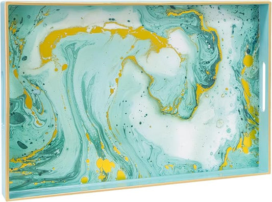 MAONAME Turquoise Serving Tray with Handles, Plastic Decorative Tray for Coffee Table, Marbling Rectangular Trays for Bathroom, Ottoman, Storage, 15.7" Lx 10.2" W X 1.57" H