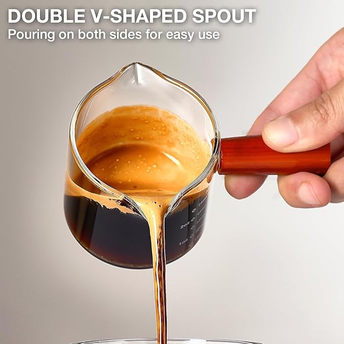 2 Pack Espresso Measuring Cups Glass, Small Measuring Double Shot Glass with Wood Handle, Clear Accessories, Coffee Measuring Cup, with V-Shaped Mouth, Milk Pitcher