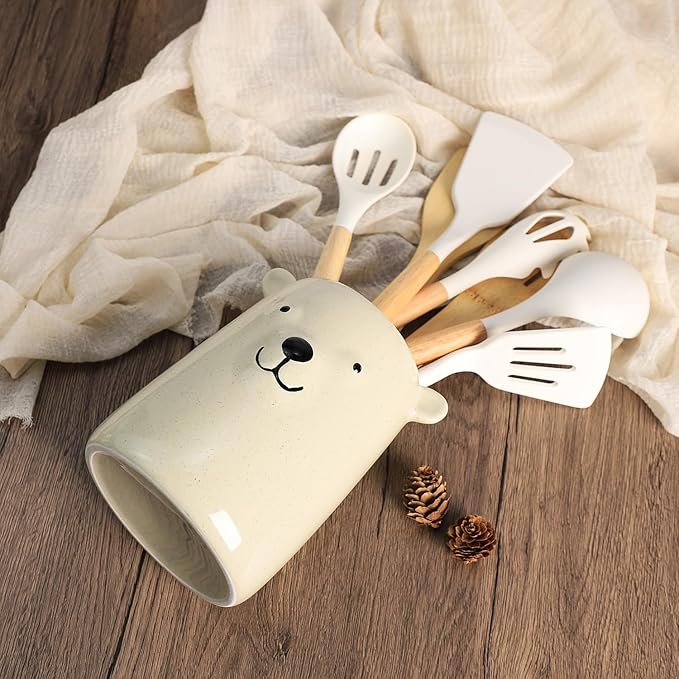 Ceramic Cartoon Animal Pattern Kitchen Utensil Holder, Large Cooking Utensil Crocks for Kitchen Countertop, Cartoon Style Utensil Organizer for Spatula, Kitchen, Home Decoration-Bear