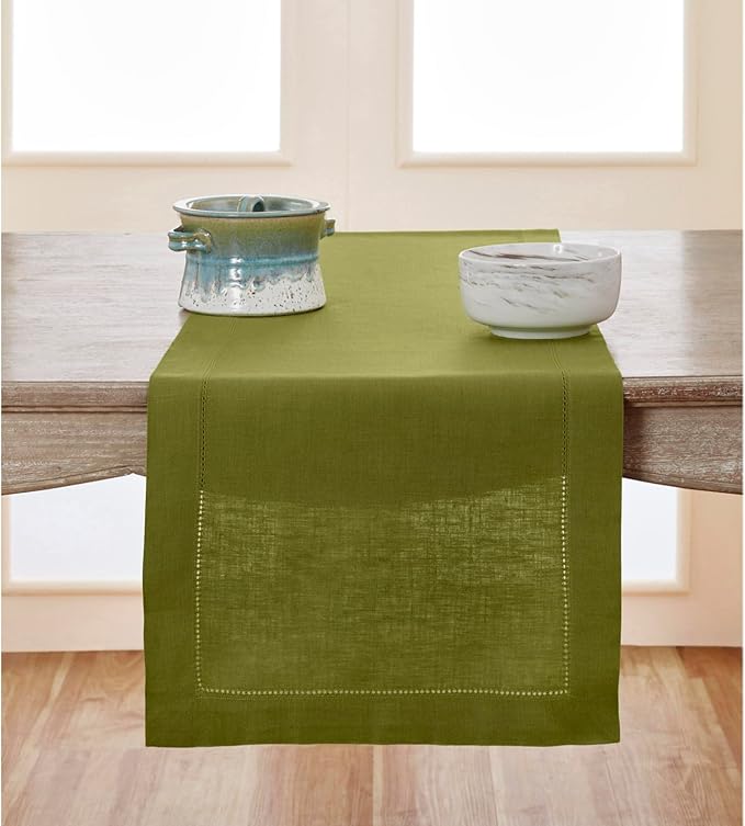Solino Home Linen Hemstitch Table Runner 108 Inches Long - 100% Pure Linen Avocado Green Table Runner 14 x 108 Inch for Summer - Classic Hemstitch