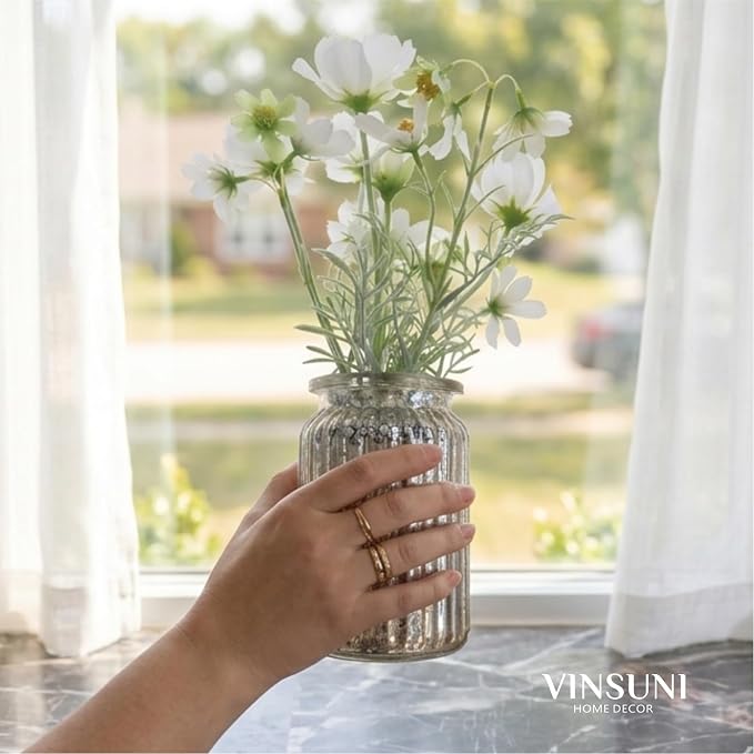 13.5" White Daisy Artificial Flowers in Fluted Glass Vase, Fake Flowers Arrangement with Vase, Centerpiece for Coffee Table Decor, Wedding Party, Bathroom Decor, Home Decor Indoor