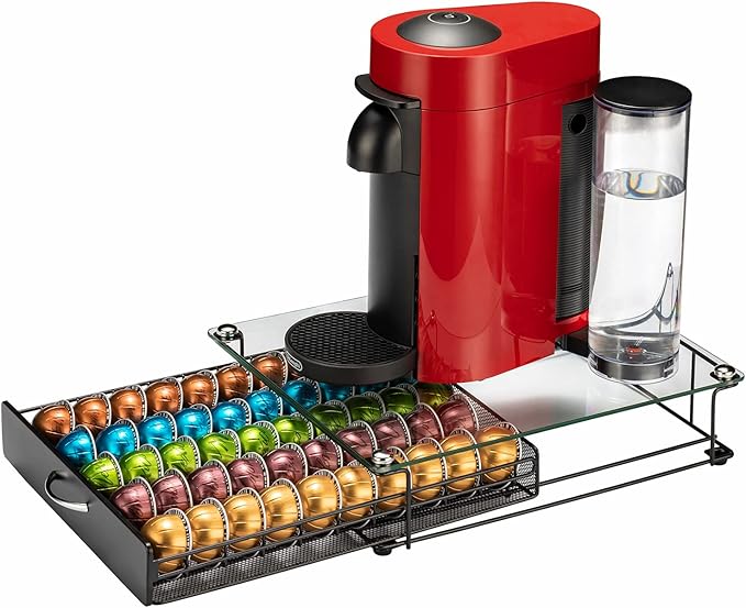 Coffee Vertuo Capsule Holder Drawer for Nespresso With Glass For Cabinet Vertuoline Pod Storage Rack For Counter (Class-50 Pods（With handle）)