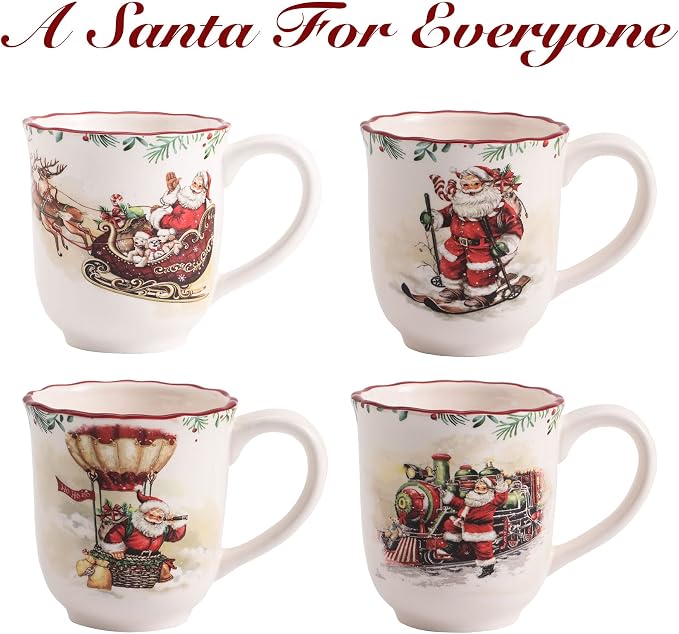 Bico Santa on the Way Ceramic Mug Set of 4, Christmas Coffee Mugs, 16oz Holiday Cups for Tea, Cocoa, or Hot Drinks, Microwave & Dishwasher Safe