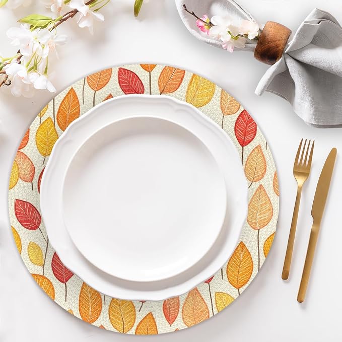 Round Placemats Set of 6, Autumn Maple Leaves Woven Placemats Mats Non-Slip Heat Resistant Washable Table Mats Round Braided Place for Farmhouse Kitchen Dining Party Decor 15in-15