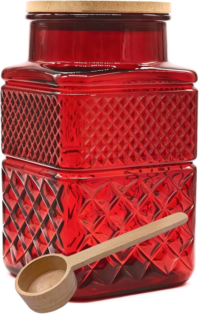Viovian 60oz Red Glass Jar with Lid and Spoon Square Glass Storage Jars,Vintage Coffee Canister Decorative Glass Container for Food Nuts Sugar
