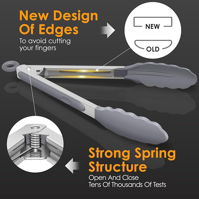 HOTEC Premium Stainless Steel Locking Kitchen Tongs with Silicon Tips, Set of 2-9" and 12" Light Grey