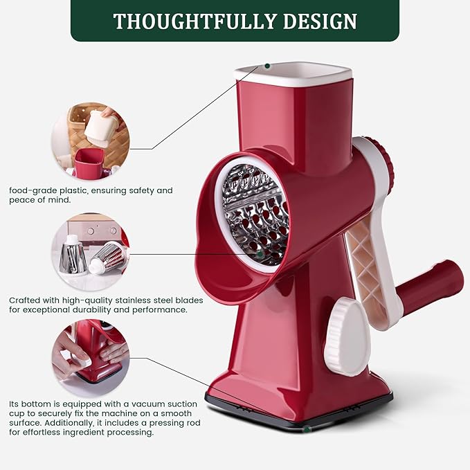 HANSGO Rotary Cheese Grater, Hand Crank Cheese Shredder, 3 Metal Blades & Cleaning Brush, Non-slip Suction Base, Labor-Saving Handle, Kitchen Gadgets for Vegetable, Nuts, Gifts for Women