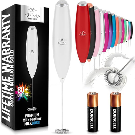 Zulay Powerful Milk Frother for Coffee with Upgraded Titanium Motor - Handheld Electric Whisk, Milk Foamer, Mini Mixer & Coffee Blender for Frappe, Latte, Matcha, No Stand - Elegant White