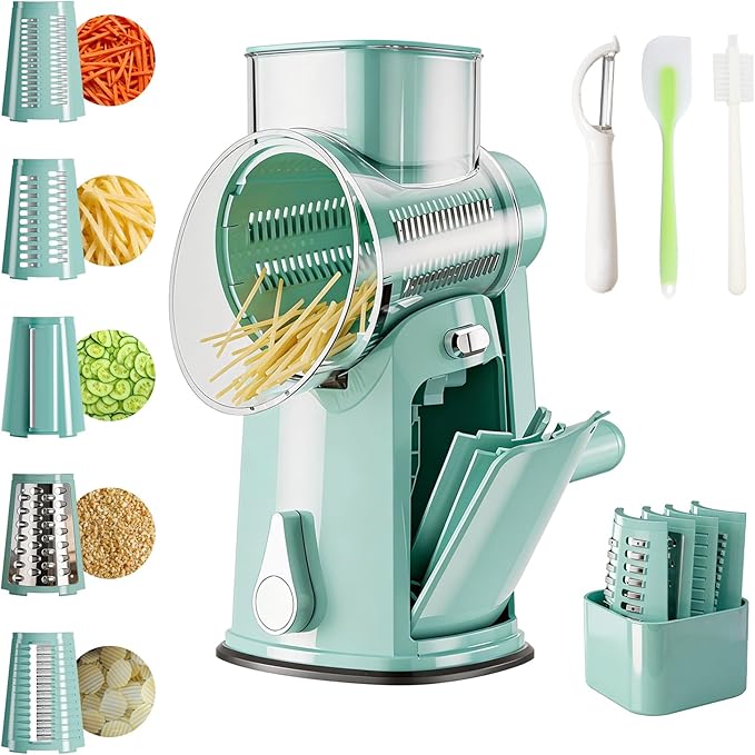 The CoveCarol rotary cheese grater comes with 5 blades and 3 tools: a round mandolin slicer and a food shredder. Suitable for fruits, vegetables, nuts, etc., it includes a blade storage box. (Green)