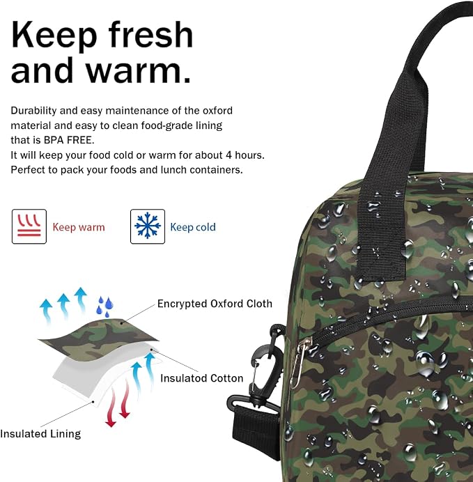 Pardick Army Camouflage Camo Insulated Lunch Bag for Women Girl Reusable Lunch Tote Box With Shoulder Strap Lightweight Thermal Cooler Meal Prep Bag for Work School Office Picnic