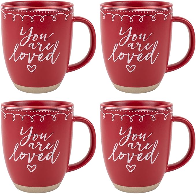Elanze Designs Loved Raw Clay Bottom Red 16 ounce Ceramic Christmas Coffee Mugs Set of 4