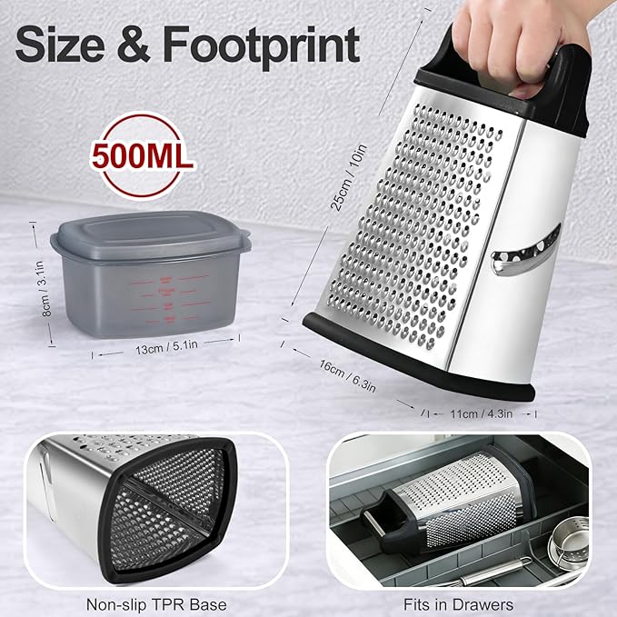Ourokhome Cheese Grater with Handle, Stainless Steel Box Grater, 4 Side Kitchen Vegetable Shredder Slicer Zester with Container for Parmesan, Cabbage, Ginger, Lemon, Chocolate, Coconut (Black)
