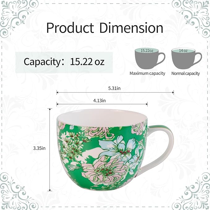 KAMMAK Coffee Mugs Ceramic Tea Cups Set of 2, 15 oz Porcelain Espresso Cups with Handle Large Novelty Mugs for Cappuccino, Latte, Americano, breakfast cereal, Hot Cocoa (Red + Green)