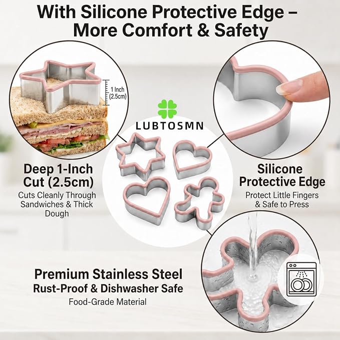 LUBTOSMN 8 Piece Cat Cookie Cutters Set, Silicone Rim Baking Set | Dishwasher-safe stainless steel cutters for cookies, fondant, sandwiches, cat parties and home baking treats.