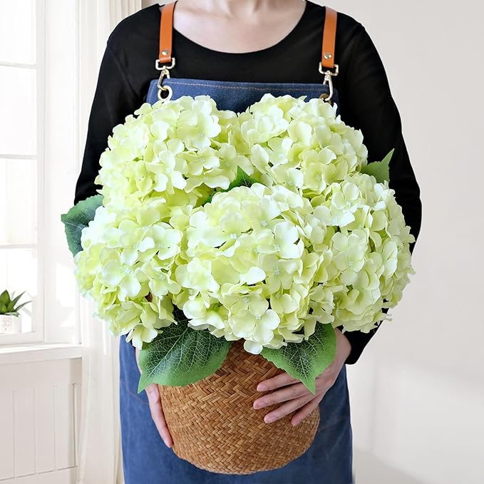 JINWOE Green Hydrangea Artificial Flowers, 5Pcs 20Inch Large Lifelike Faux Silk Flowers, Full Artificial Hydrangeas for Bouquet Table Centerpieces Indoor Spring Outdoor Home