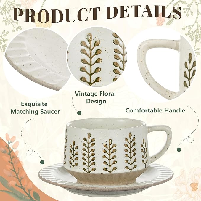 LemonRoad Vintage Tea Cup and Saucer Set, 10oz Porcelain Coffee Mugs with Saucer for Latte Mocha Cappuccino Ceramic Teacups for Housewarming Wedding Gifts Kitchen Table Decor