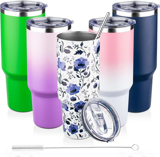 40 oz Tumbler with Lids and Straws Double Wall Insulated Tumbler Cup,Stainless Steel Vacuum Tumbler Powder Coated Travel coffee Mug for Cold and Hot Drinks,Blue and White Porcelain