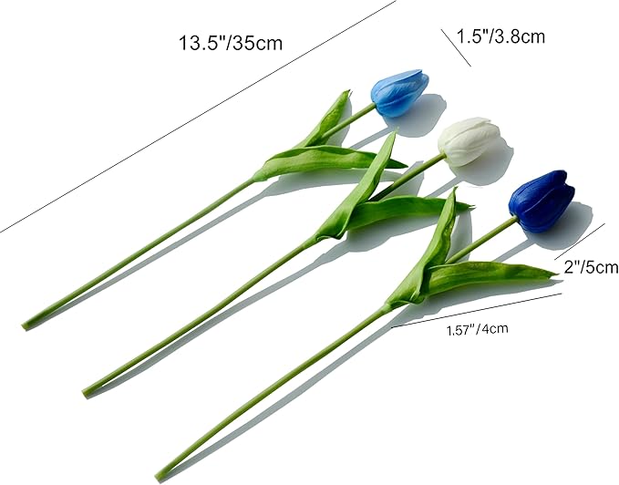 Mandy's Shades of Blue Artificial Tulips Flowers Centerpiece, 13.5" Lifelike PU Fake Floral Stems 20pcs for Kitchen Island & Dining Table, Spring Decor for Easter