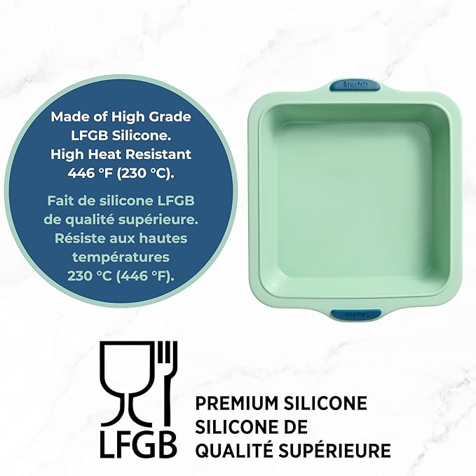 Starfrit 8” Square Cake Pan with Integrated Metal Frame - No Tray Needed - Easy Unmolding - LFGB Premium Silicone