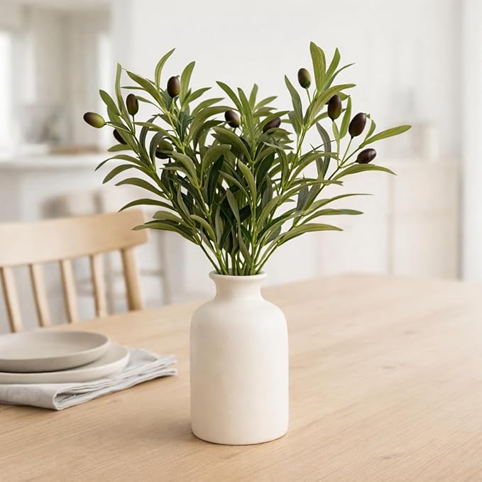 Artificial Olive Branches in Vase, 4 Pcs Faux Olive Stems with Olives 16", Matte White Ceramic Vase 5.7", Farmhouse Dining Table Centerpiece, Kitchen Table Decor