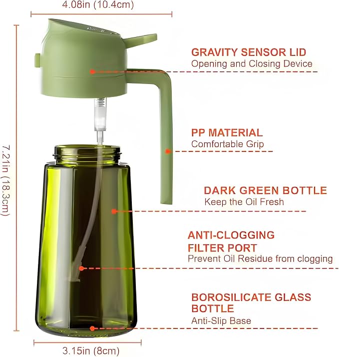 Oil Sprayer for Cooking, 2 Pack Olive Oil Sprayer Bottle, 16oz Glass Oil Dispenser for Kitchen, Fine Mist Spray & Pour, BPA-Free, Refillable, Leakproof, Air Fryer, Salad, BBQ & Cooking