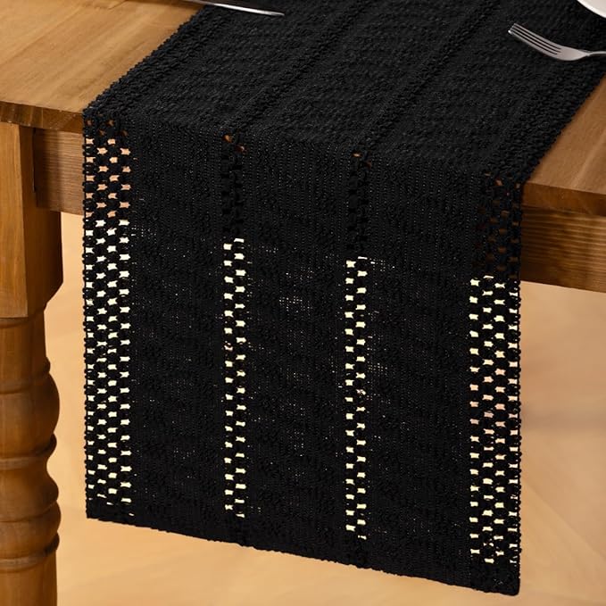 MLMC Black Boho Table Runner Farmhouse Macrame Woven Table Runner 90 inch Long Rustic Cotton Linen Blend Table Decor for Dinning Kitchen Wedding Bridal Shower Eveyrday Use 12x90 Inch