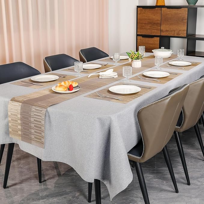 Placemats Set of 6, Vinyl Woven Place Mats Indoor Set of 6 Washable Wipeable PVC Table Mats Heat-Resistant Non Slip Plastic Placemat for Kitchen Dining Outdoor Table (Gray Gold, Set of 6)