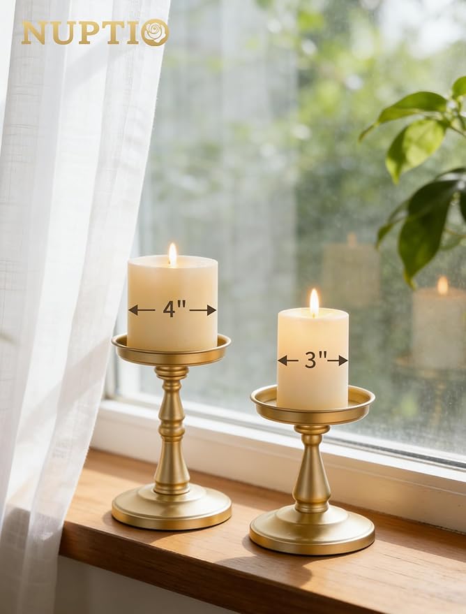 NUPTIO Large Candle Holder Set: 2pcs Large Gold Stand for 4" Diameter Pillars - Vintage Metal Pedestal for Dining Table Centerpieces Decor