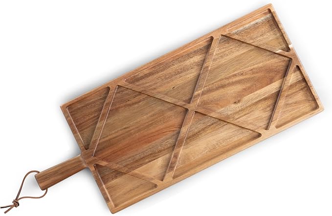 PICNIC TIME Grazing Sectioned Charcuterie Serving Board, Wooden Cheese Serving Tray, Compartment Appetizer Platter with Handle, (Acacia Wood)
