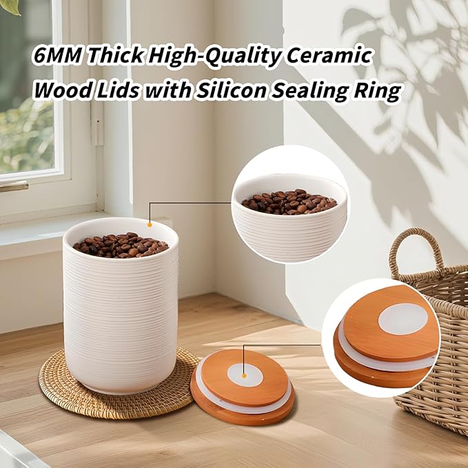 Food Storage Jar Strong Ceramic Storage Canisters with Airtight Wooden Lid,Kitchen Storage Containers for Serving Coffee Beans, Tea, Sugar, Salt, Spices (White three-piece suit)