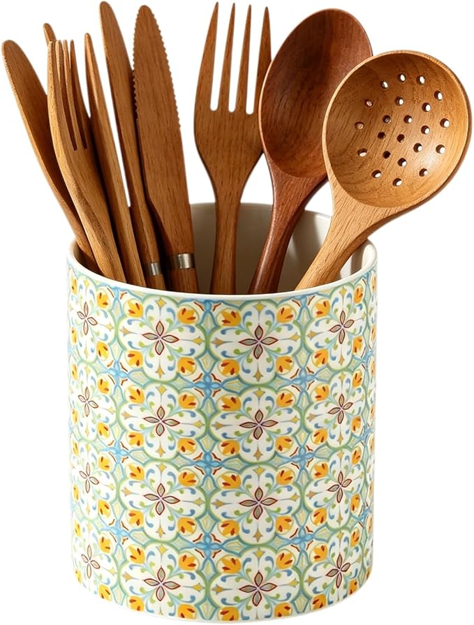 Kitchen Ceramic Utensil Holder Rustic, Floral Utensil Crock for Countertop, Embossed Pattern with Kiln-Fired Finish, Stable Vintage Utensil Holder for Kitchen Accessories, Housewarming Gift