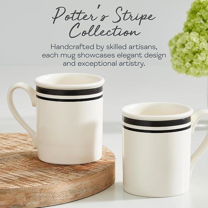Portmeirion Potter's Stripe Breakfast Mug (Set of 4) - 9oz White Ceramic Mugs with Black Stripe Pattern - Microwave, Dishwasher, Freezer Safe Earthenware Mugs for Tea & Coffee Lovers (Black)
