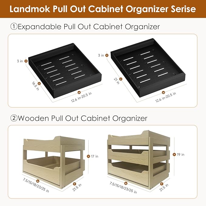 1 Pack Expandable Pull Out Cabinet Organizer 21" Deep, Adjustable Width 12.6"-20.5", No Drill Adhesive with Triple Track Rails, Heavy Duty Slide Out Drawers for Kitchen, Pantry, Cabinets,Black