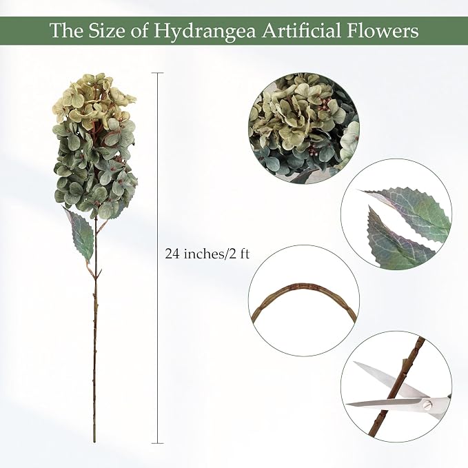 2FT Hydrangea Artificial Flowers - 10 PCS Long Stem Faux Cone Hydrangeas for Tall Vase, DIY Vintage Floral Table centerpieces for Dining Room, and Home Kitchen Decorations - Green