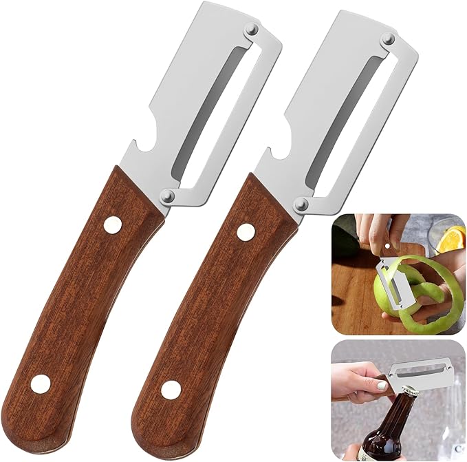 Vegetable Peeler with Wooden Handle, 2 Pcs Stainless Steel Potato Peeler for Kitchen, Heavy Duty Veggie and Fruit Slicer with Built-in Bottle Opener (Silver)