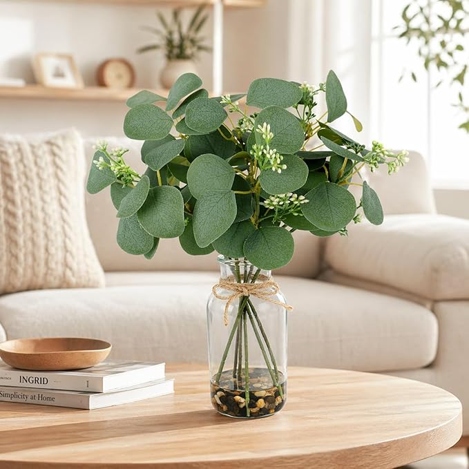 MACTING Artificial Eucalyptus Stems in Glass Vase with Faux Water Stones 14" Artificial Plants Indoor Eucalyptus Leaves for Table Centerpieces Bathroom Kitchen Living Room Shelf Home Decorations