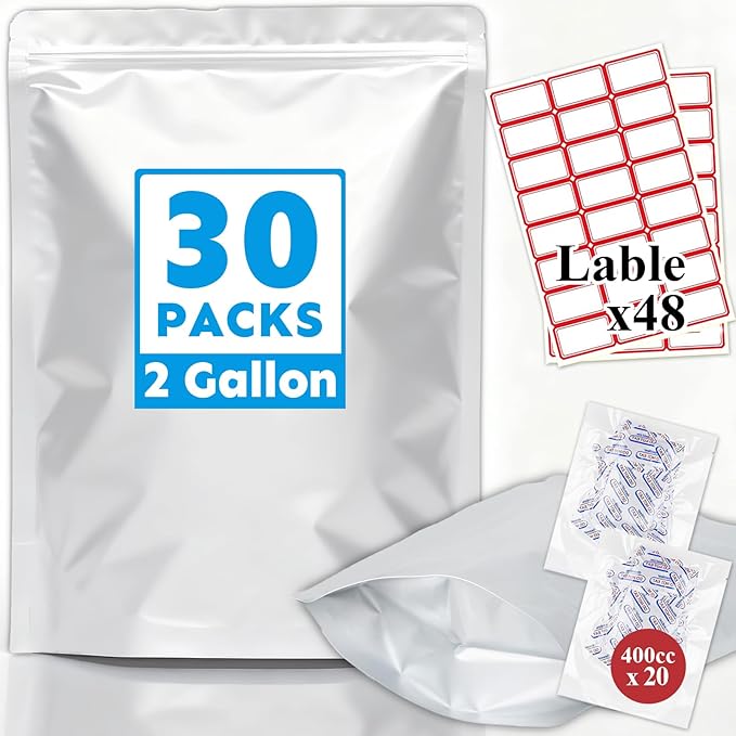Mylar Bags 2Gallon 30PCS 17"X13" for Food Storage with Oxygen Absorbers&Labels,10Mil Thick Resealable Zipper&Heat Seal Stand Up Pouches for Packaging Long Term,Dried Food,BPA Free