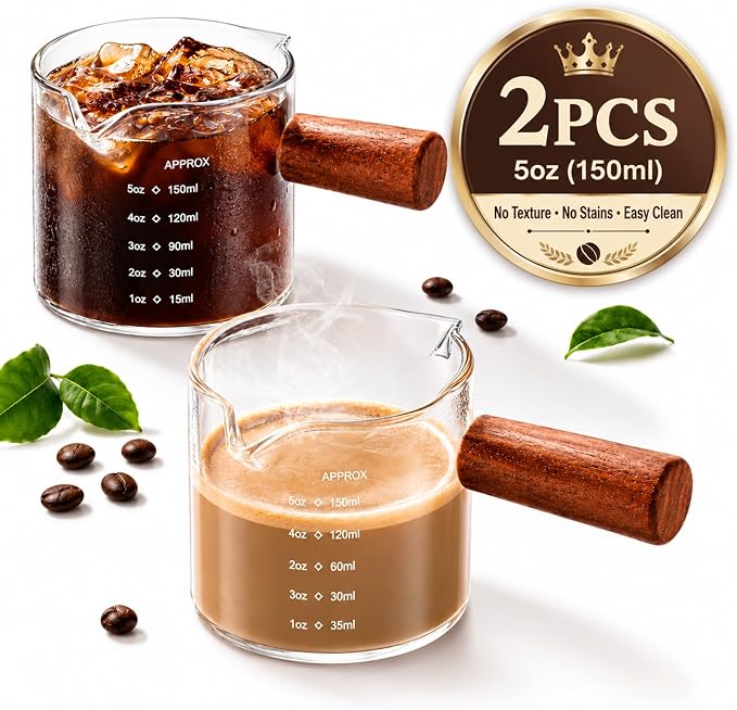 5oz Espresso Cups Set of 2, Double Spout Clear Borosilicate Glass with Anti-Scalding Wooden Handle, Heat Resistant Small Glass Mug for Double Shot Espresso, Latte, Cappuccino, Coffee Accessories