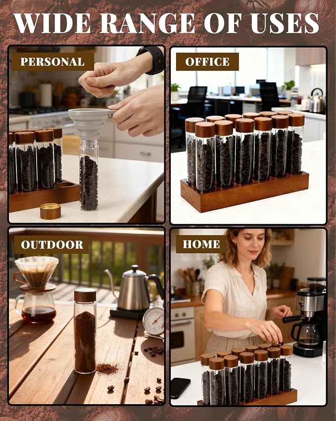 Coffee Espresso Bean Storage Tubes Set – 12pcs 60ml Airtight Glass Single Bean Coffee Storage Tube with Bamboo Lids & Walnut 12-Slot Stand, Espresso Container with Funnel & Labels for Barista