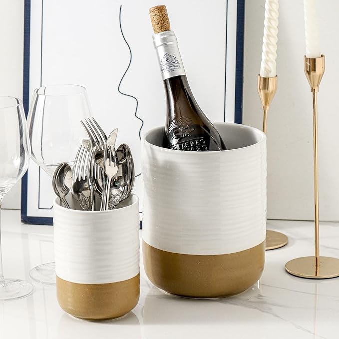 HASENSE Ceramic Utensil Holder for Counter, 7.4"+5.5" Large Kitchen Utensil Organizer for Kitchen Utensil, White Cooking Utensil Crock to Hold Spatulas, Farmhouse Decor, Set of 2