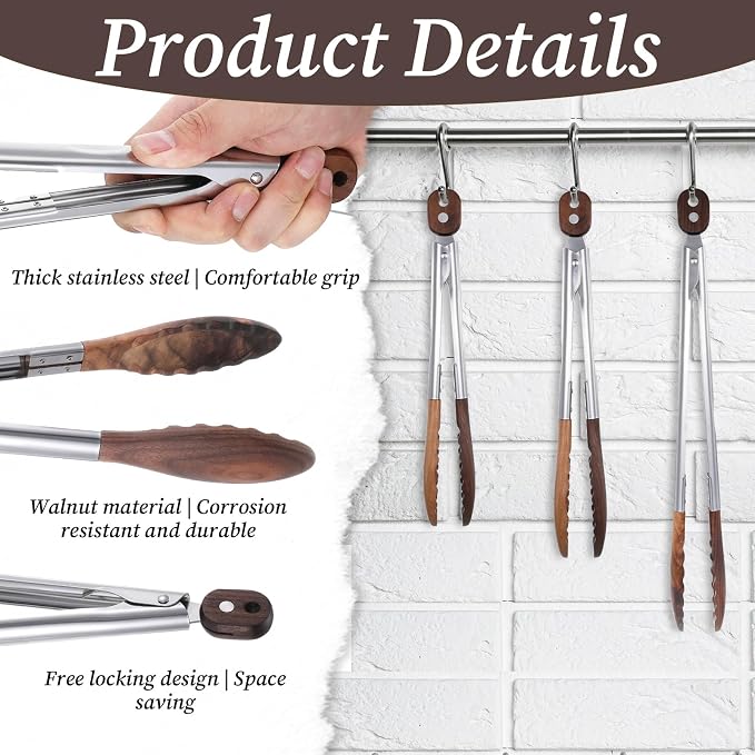 3 Pcs Wooden Tongs for Cooking, 7/9/ 12 Inch Walnut Wood kitchen Tongs Durable Salad Tong with Stainless Steel Handle for Kitchen, Serving Food, BBQ, Buffet - Pull Lock
