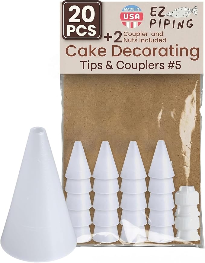 Reusable Plastic Piping Tips Standard Size Leaf Tip #5 20 Pack with 2 Couplers Round Icing Nozzle for Cake Decoration, Dessert Design Baking Supplies and Piping Bags Base Ø 0.75"Height 1.25"