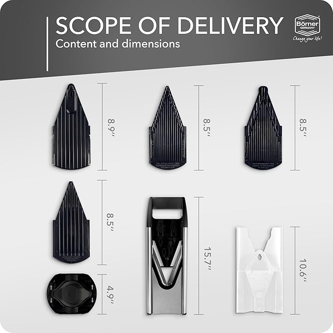 Börner by Reston Lloyd Mandoline Slicer V6 (Starter Set) • Stainless Steel Slicer with V-Blade • Adjustable Kitchen Slicer for Vegetables & Fruits • Various Thicknesses & Grater