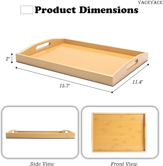 Serving Trays for Home Decor, 15.7"x11.4"x2" Medium Bamboo Serving Tray with Handle, Food Tray for Coffee Table, Ottoman, Breakfast, Dining