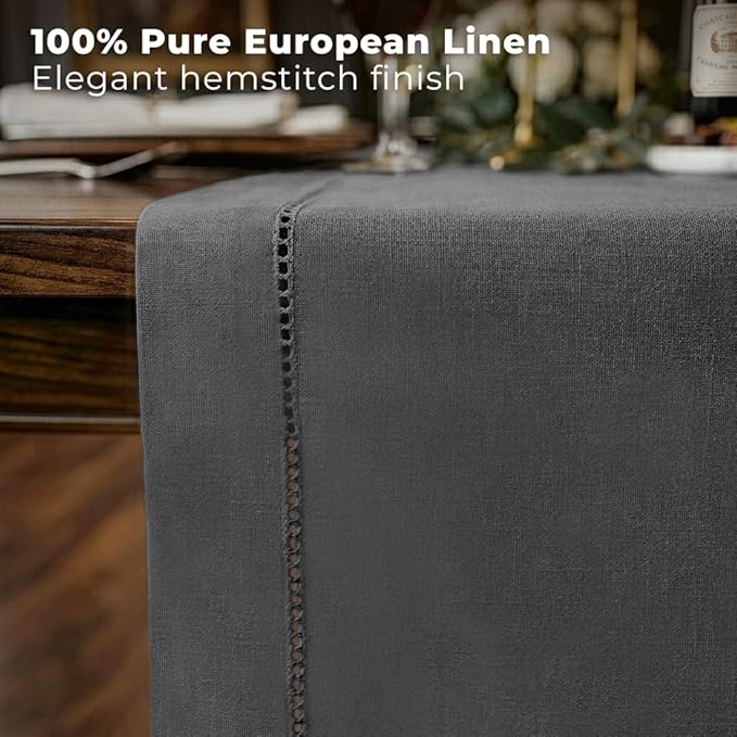 Signature Linen™ by D'Moksha Charcoal Grey Table Runner 120 Inches Long, 100% Pure Linen, Hemstitch, 14 x 120 Inch Table Runner for Dresser, Dining- Summer, Father's Day