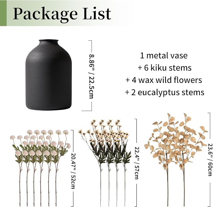 BLOSMON Beige Faux Flowers in Vase: Metal Vase with 12 Stems of Fake Mums Wax Eucalyptuses for Dining Table Centerpiece Decor - Artificial Silk Kiku Pom Poms Wild Farmhouse Floral Arrangements
